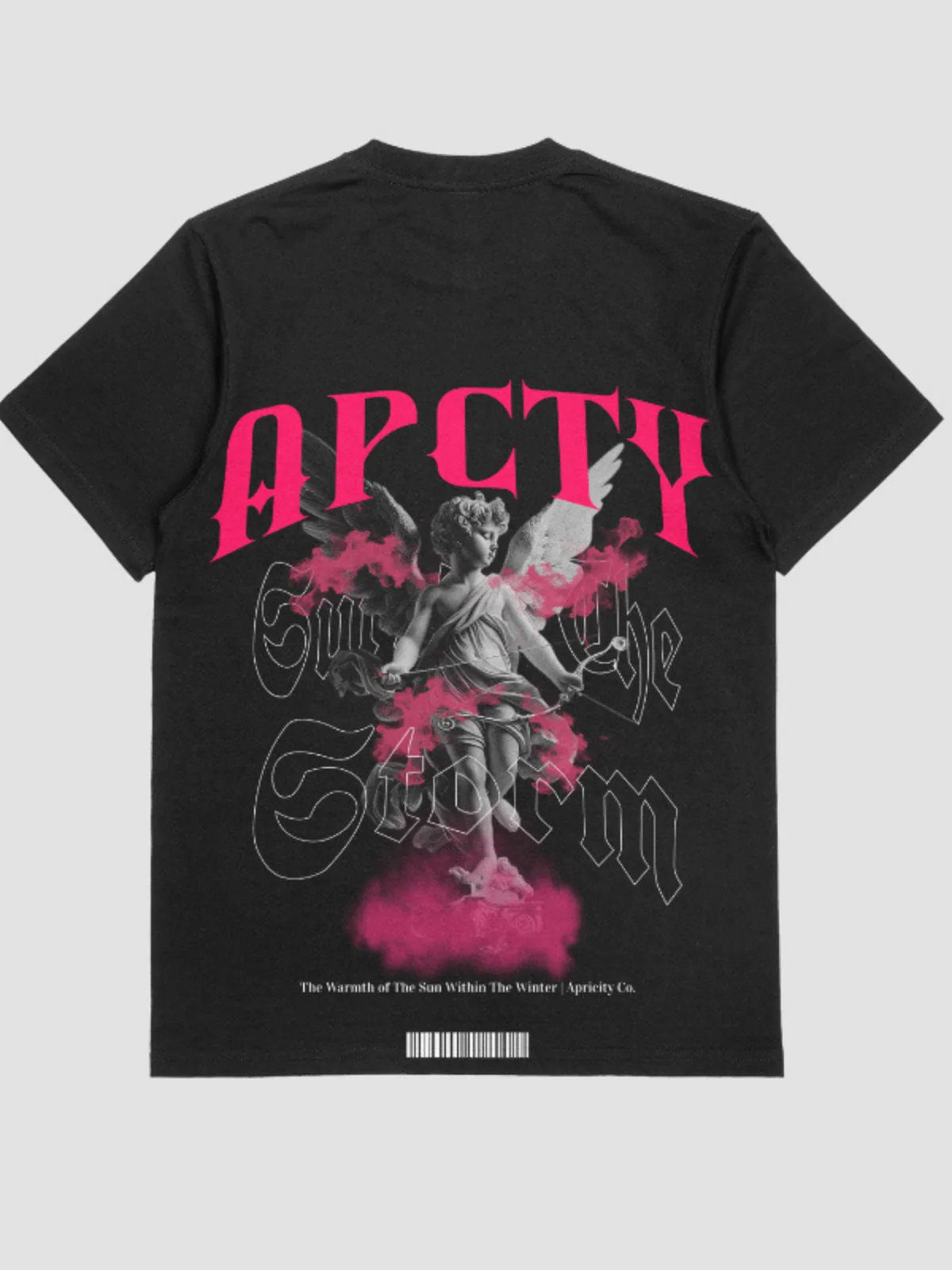 Back view: a classical angel in pink smoke under hot-pink gothic APCTY